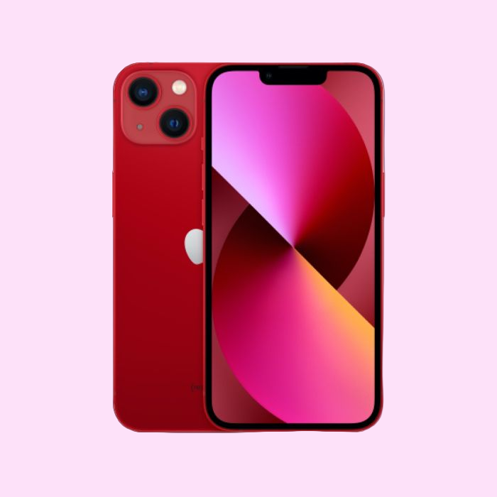 Red smartphone showing back and front views on a white background