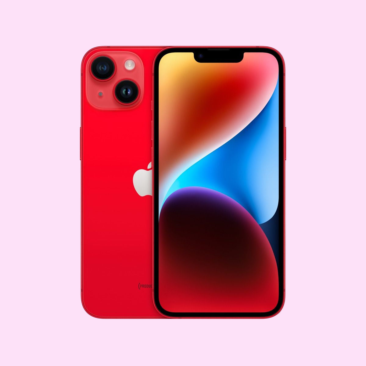 Red smartphone with colorful display on a purple background