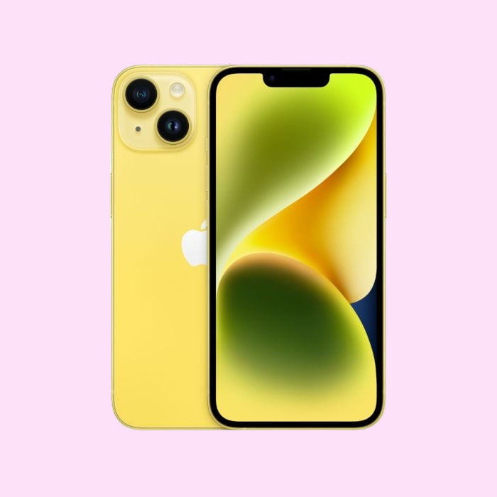Yellow smartphone with Apple logo on a purple background